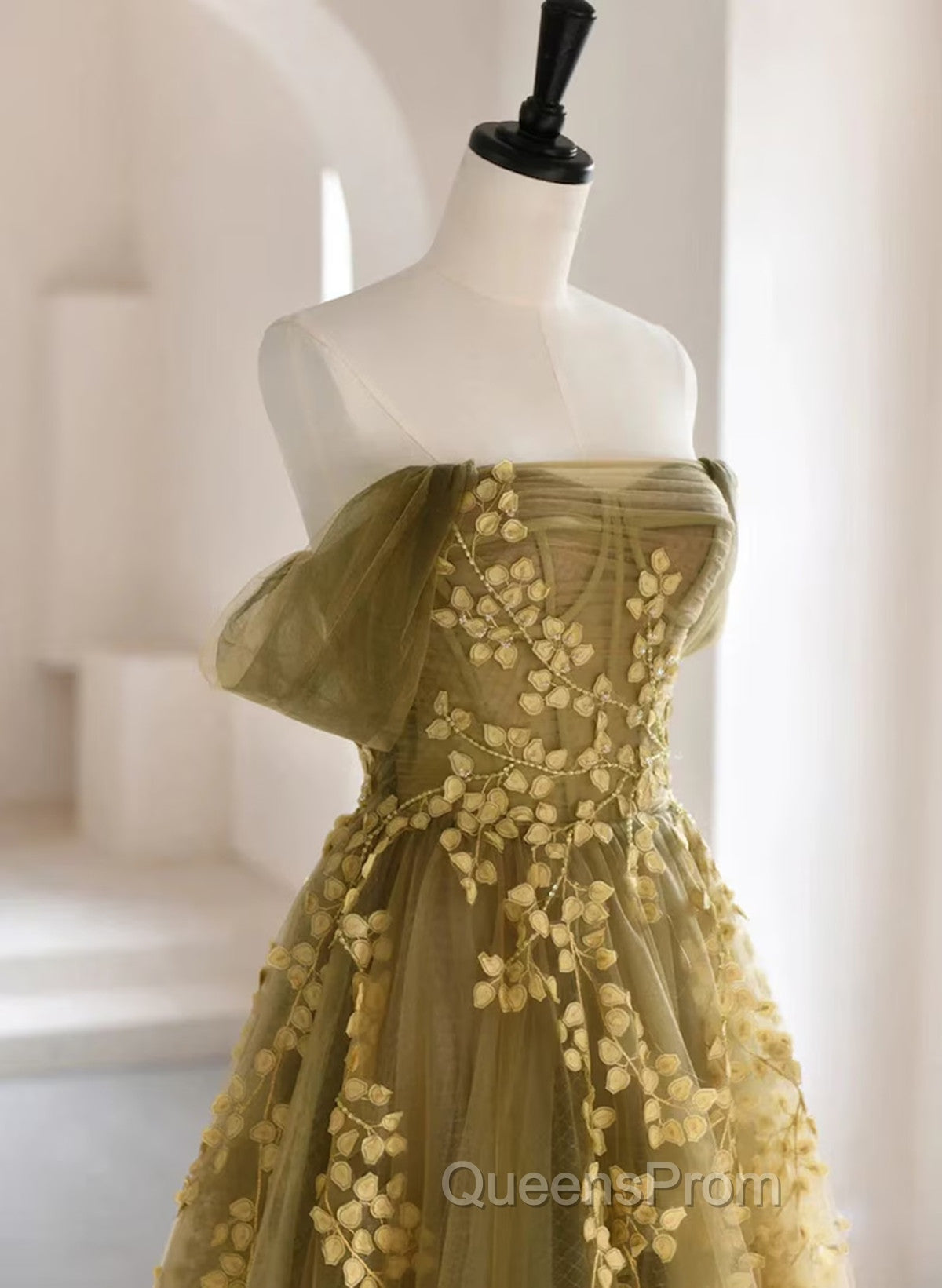 A-Line Off Shoulder Long Evening Prom Dress, Green Tulle Evening Dress Secondary image
