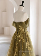 A-Line Off Shoulder Long Evening Prom Dress, Green Tulle Evening Dress