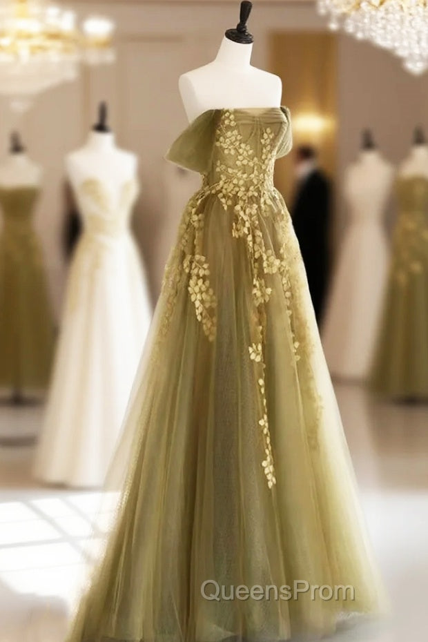 A-Line Off Shoulder Long Evening Prom Dress, Green Tulle Evening Dress Main image
