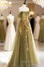 A-Line Off Shoulder Long Evening Prom Dress, Green Tulle Evening Dress