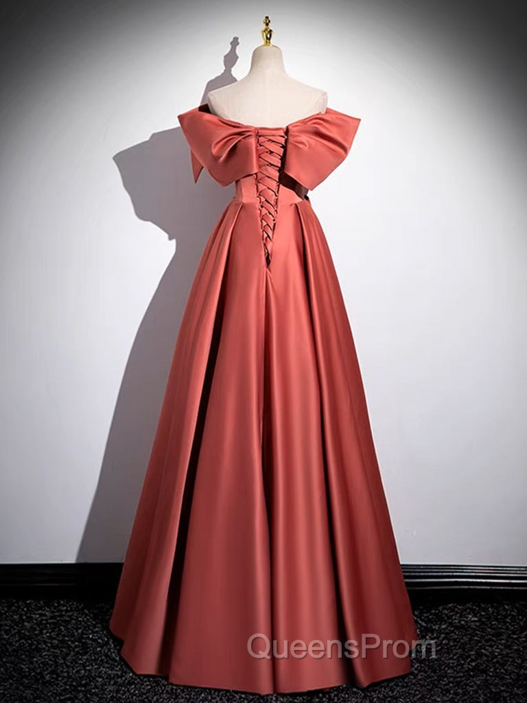 A-Line Off Shoulder Off Shoulder Satin Long Evening Prom Dress, Watermelon Red Long Evening Dress