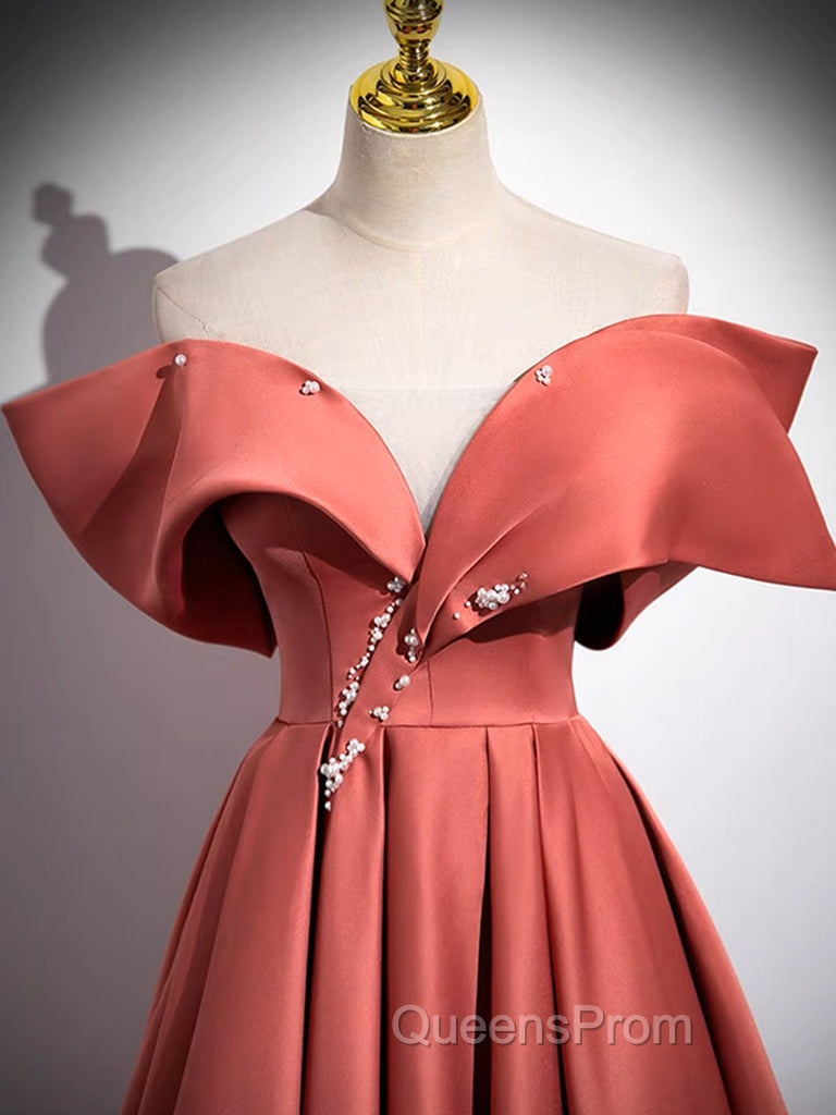 A-Line Off Shoulder Off Shoulder Satin Long Evening Prom Dress, Watermelon Red Long Evening Dress
