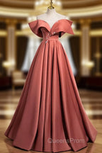 A-Line Off Shoulder Off Shoulder Satin Long Evening Prom Dress, Watermelon Red Long Evening Dress