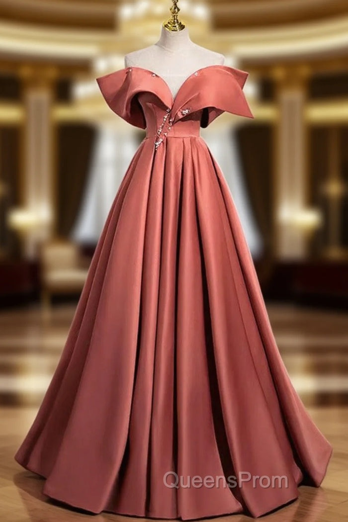 A-Line Off Shoulder Off Shoulder Satin Long Evening Prom Dress, Watermelon Red Long Evening Dress