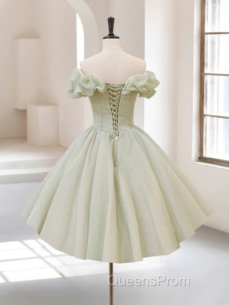 A-Line Off Shoulder Organza Green Short Evening Prom Dress,Cute Homecoming Dress with Beads Secondary image