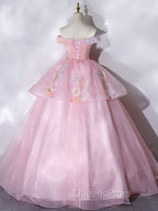 A-Line Off Shoulder Organza Lace Pink Long Evening Prom Dress. Pink Sweet 16 Dress
