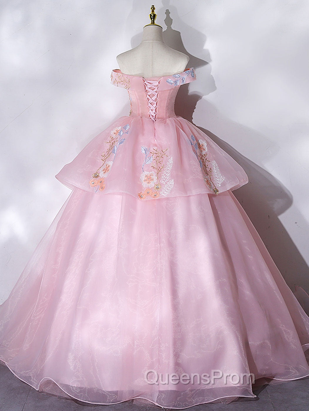 A-Line Off Shoulder Organza Lace Pink Long Evening Prom Dress. Pink Sweet 16 Dress