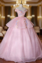 A-Line Off Shoulder Organza Lace Pink Long Evening Prom Dress. Pink Sweet 16 Dress