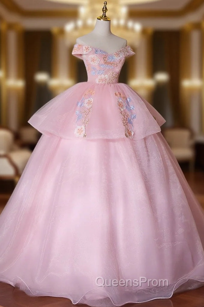 A-Line Off Shoulder Organza Lace Pink Long Evening Prom Dress. Pink Sweet 16 Dress