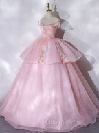 A-Line Off Shoulder Organza Lace Pink Long Evening Prom Dress. Pink Sweet 16 Dress
