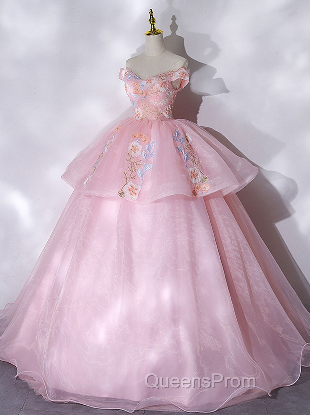 A-Line Off Shoulder Organza Lace Pink Long Evening Prom Dress. Pink Sweet 16 Dress