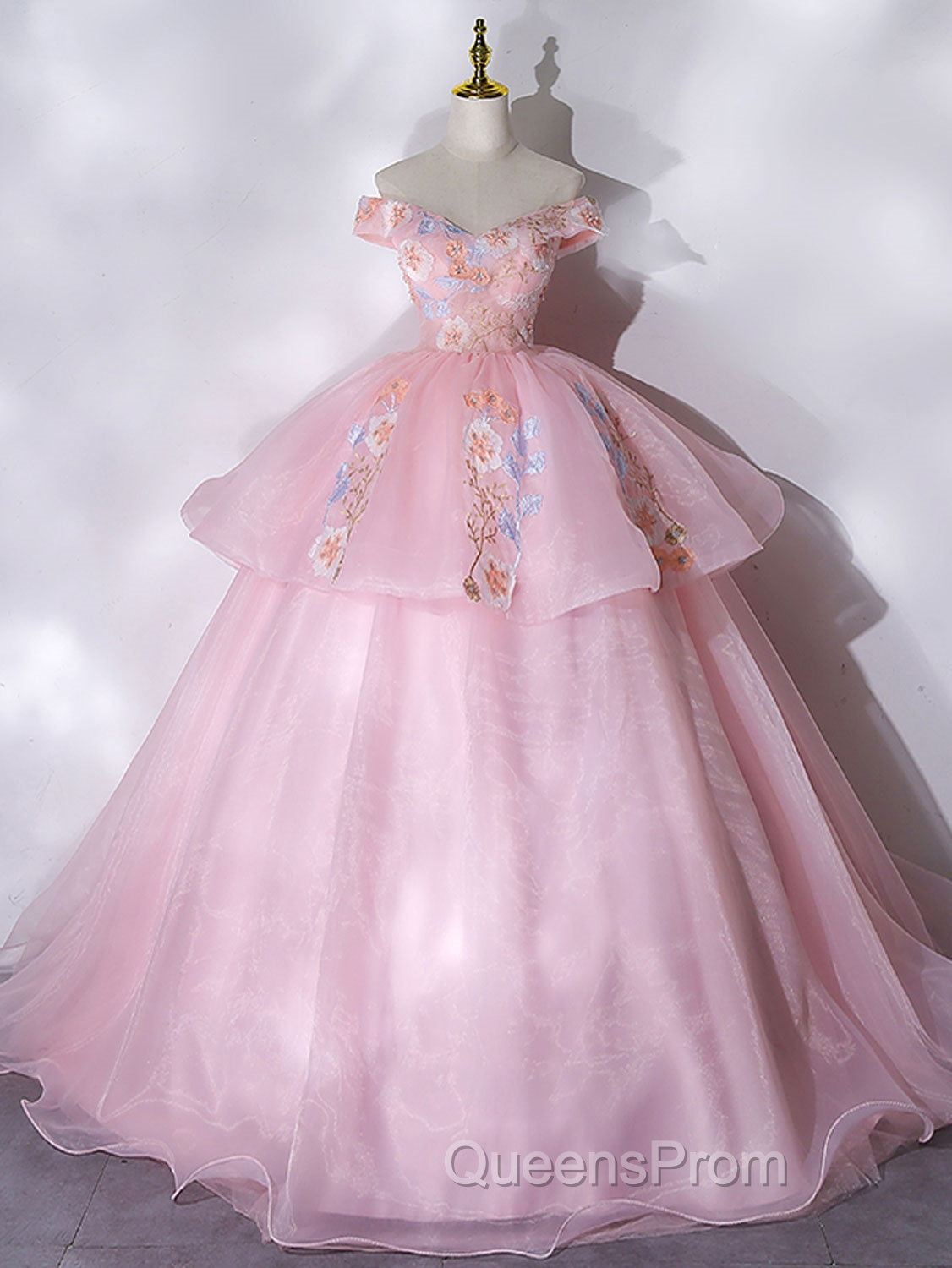 A-Line Off Shoulder Organza Lace Pink Long Evening Prom Dress. Pink Sweet 16 Dress