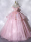 A-Line Off Shoulder Organza Lace Pink Long Evening Prom Dress. Pink Sweet 16 Dress