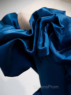 A-Line Off Shoulder Satin Blue Long Evening Prom Dress, Blue Evening Dress