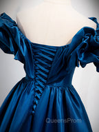 A-Line Off Shoulder Satin Blue Long Evening Prom Dress, Blue Evening Dress