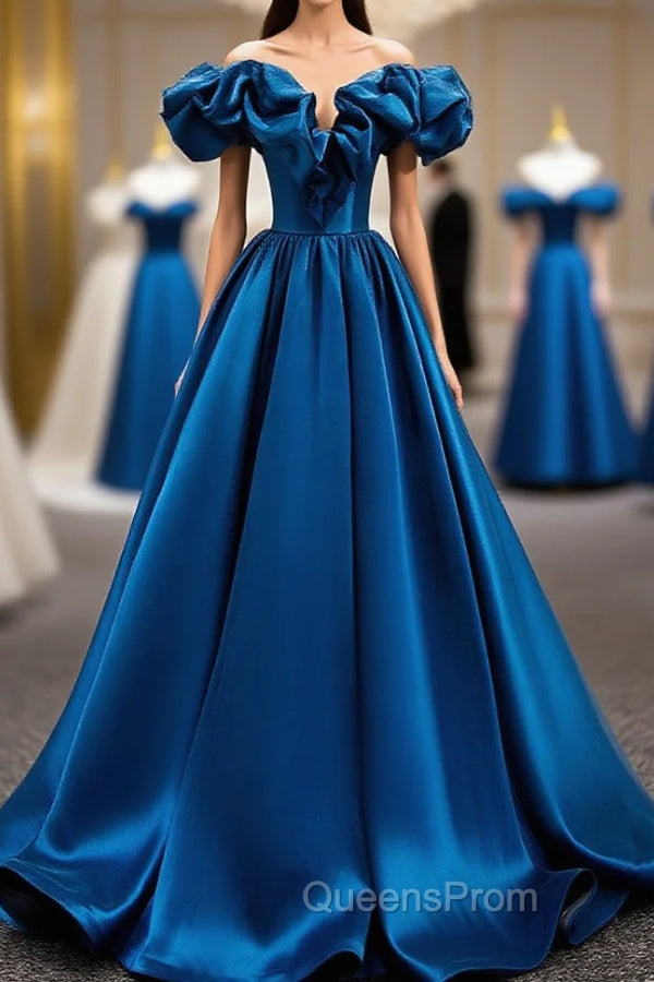 A-Line Off Shoulder Satin Blue Long Evening Prom Dress, Blue Evening Dress Main image