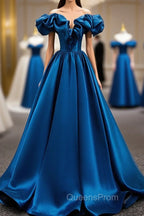 A-Line Off Shoulder Satin Blue Long Evening Prom Dress, Blue Evening Dress