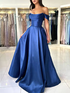A-Line Off Shoulder Satin Blue Long Classy Prom Dress, Blue Long Prom Dress