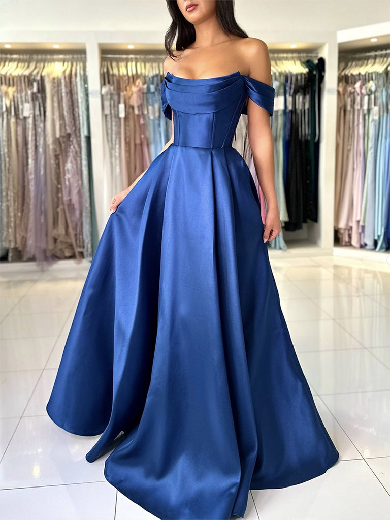 A-Line Off Shoulder Satin Blue Long Classy Prom Dress, Blue Long Prom Dress