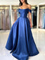 A-Line Off Shoulder Satin Blue Long Classy Prom Dress, Blue Long Prom Dress