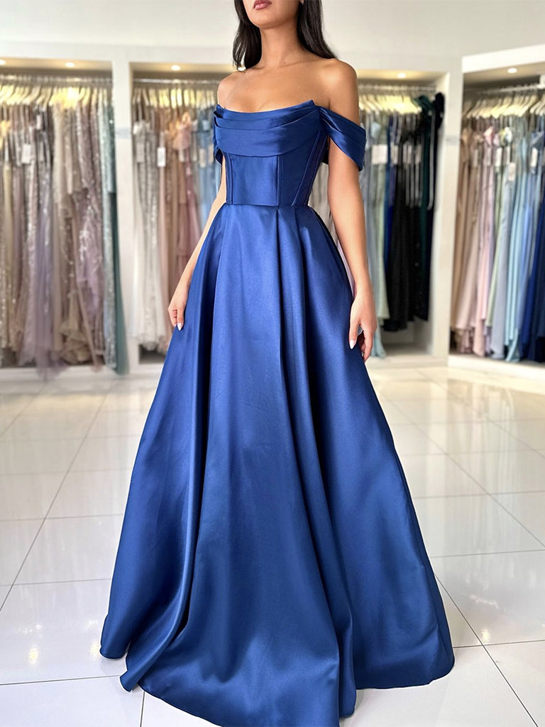 A-Line Off Shoulder Satin Blue Long Classy Prom Dress, Blue Long Prom Dress Secondary image