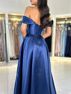 A-Line Off Shoulder Satin Blue Long Classy Prom Dress, Blue Long Prom Dress