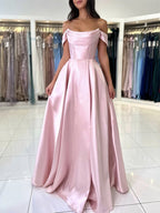 A-Line Off Shoulder Satin Blue Long Classy Prom Dress, Blue Long Prom Dress