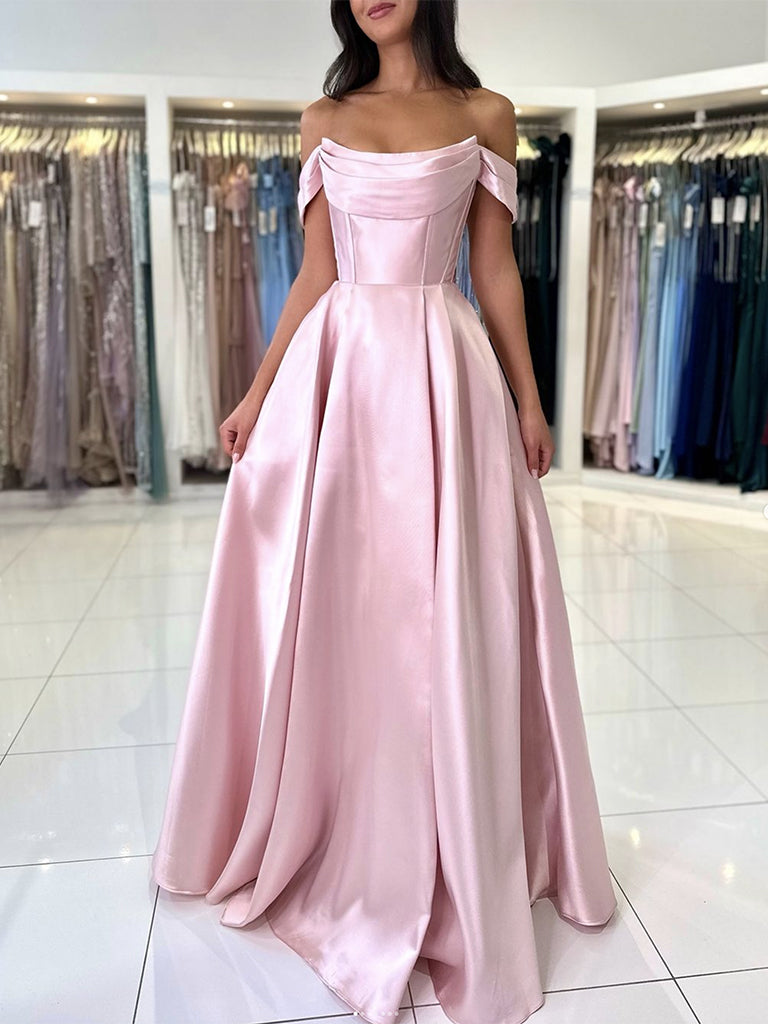 A-Line Off Shoulder Satin Blue Long Classy Prom Dress, Blue Long Prom Dress