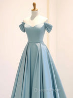 A-Line Off Shoulder Satin Blue Long Evening Prom Dress, Blue Long Evening Dress