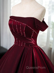 A-Line Off Shoulder Satin Burgundy Long Evening Prom Dress, Burgundy Evening Dress With Beads