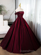 A-Line Off Shoulder Satin Burgundy Long Evening Prom Dress, Burgundy Evening Dress With Beads