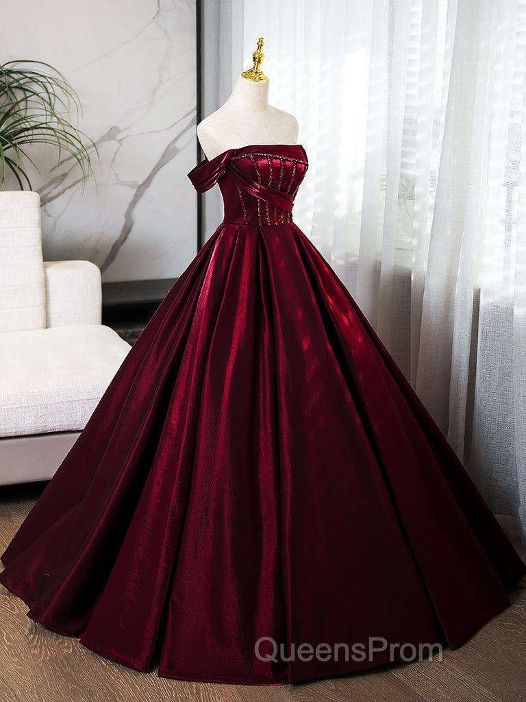 A-Line Off Shoulder Satin Burgundy Long Evening Prom Dress, Burgundy Evening Dress With Beads