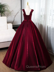 A-Line Off Shoulder Satin Burgundy Long Evening Prom Dress, Burgundy Evening Dress With Beads