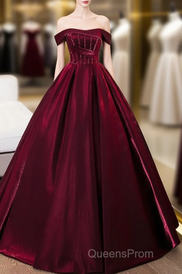A-Line Off Shoulder Satin Burgundy Long Evening Prom Dress, Burgundy Evening Dress With Beads Main image