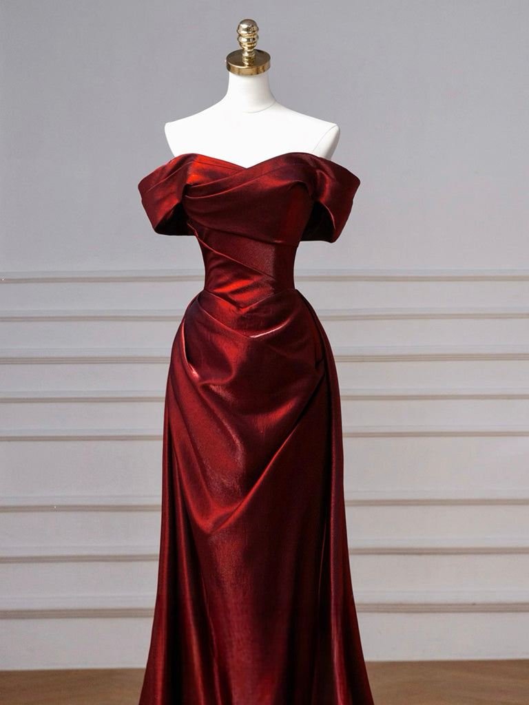 A-Line Off Shoulder Satin. Burgundy Long Classy Prom Dress, Burgundy Long Prom Dress Secondary image