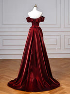 A-Line Off Shoulder Satin. Burgundy Long Classy Prom Dress, Burgundy Long Prom Dress