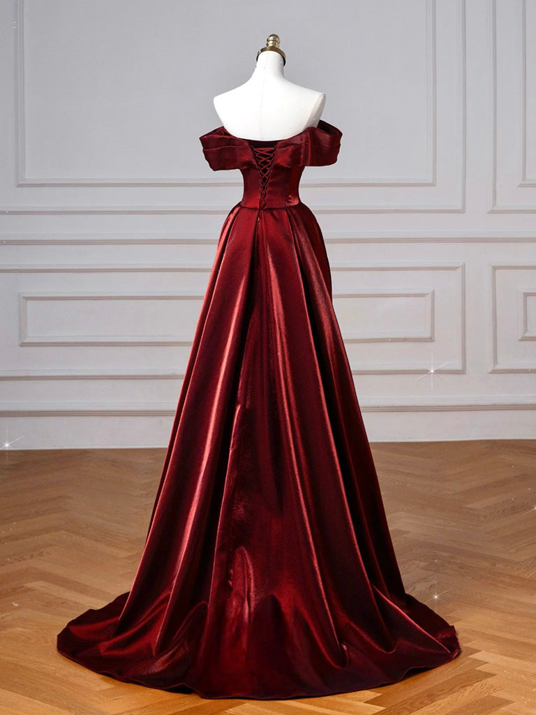 A-Line Off Shoulder Satin. Burgundy Long Classy Prom Dress, Burgundy Long Prom Dress