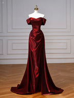 A-Line Off Shoulder Satin. Burgundy Long Classy Prom Dress, Burgundy Long Prom Dress