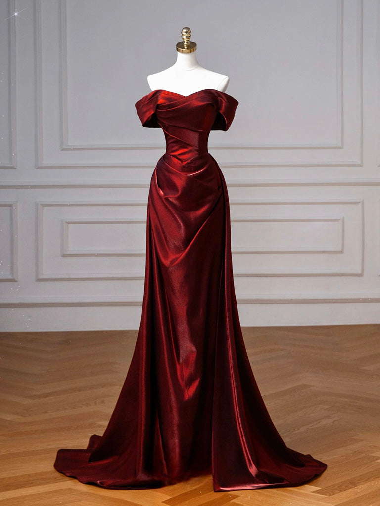 A-Line Off Shoulder Satin. Burgundy Long Classy Prom Dress, Burgundy Long Prom Dress