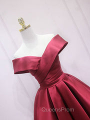 A-Line Off Shoulder Satin Burgundy Short Evening Prom Dress, Burgundy Homecoming Dress