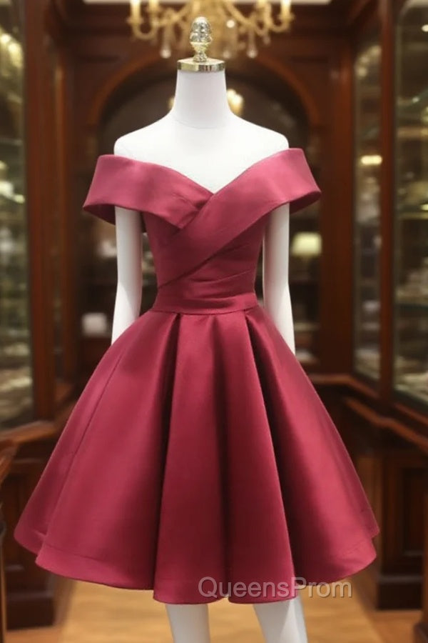 A-Line Off Shoulder Satin Burgundy Short Evening Prom Dress, Burgundy Homecoming Dress Main image