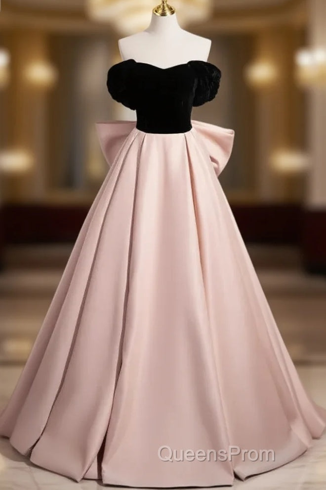 A-Line Off Shoulder Satin Champagne Long Evening Prom Dress, Champagne Long Evening Dress Main image