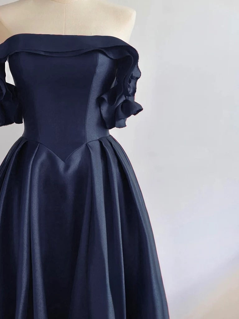 A-Line Off Shoulder Satin Dark Blue Long Classy Prom Dress, Dark Blue Long Classy Dress