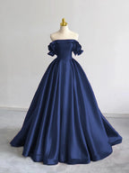 A-Line Off Shoulder Satin Dark Blue Long Classy Prom Dress, Dark Blue Long Classy Dress