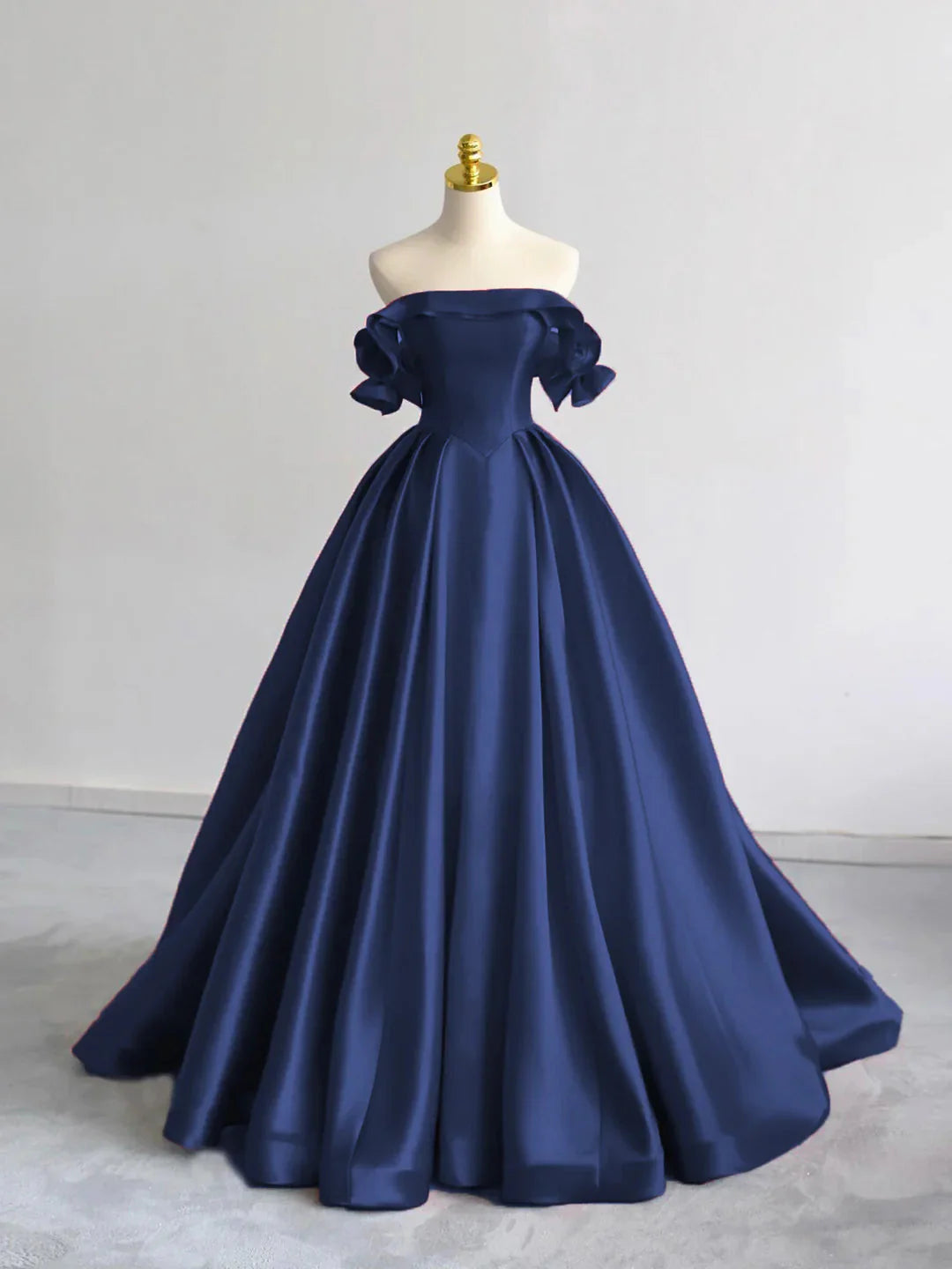 A-Line Off Shoulder Satin Dark Blue Long Classy Prom Dress, Dark Blue Long Classy Dress
