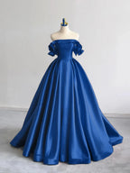 A-Line Off Shoulder Satin Dark Blue Long Classy Prom Dress, Dark Blue Long Classy Dress
