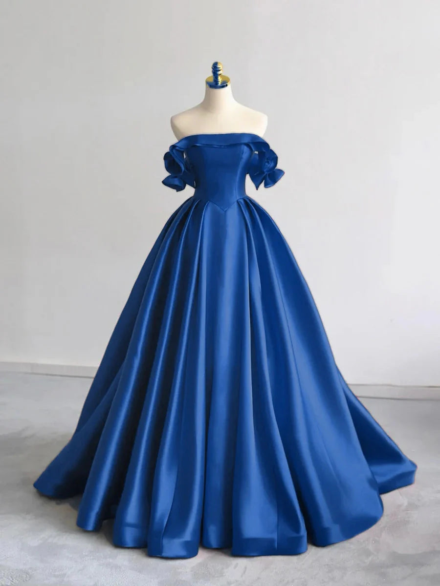 A-Line Off Shoulder Satin Dark Blue Long Classy Prom Dress, Dark Blue Long Classy Dress