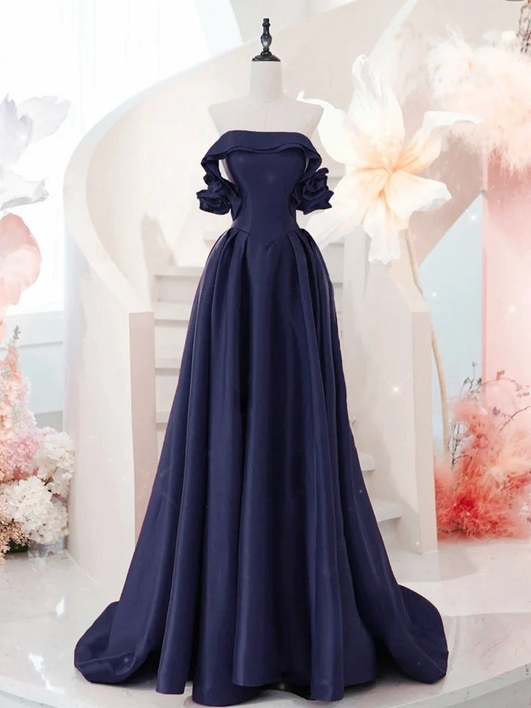 A-Line Off Shoulder Satin Dark Blue Long Classy Prom Dress, Dark Blue Long Classy Dress Main image