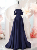 A-Line Off Shoulder Satin Dark Blue Long Classy Prom Dress, Dark Blue Long Classy Dress