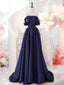 A-Line Off Shoulder Satin Dark Blue Long Classy Prom Dress, Dark Blue Long Classy Dress